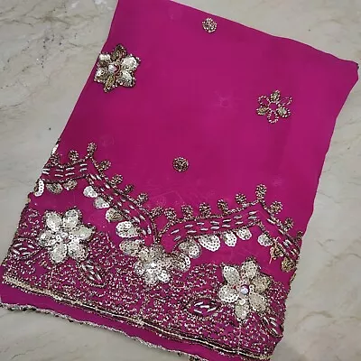 Antique Indian Bridal Dupatta Sequins Beaded Scarf Georgette Veil Stole Hijab L  • $16.99