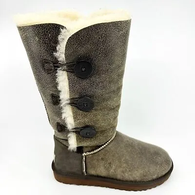 UGG Bailey Button Triplet Bomber Brown Womens Tall Leather Boots 3049W BJCN • $154.95