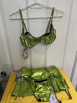 Jaded London 3 Piece Swim Set Metallic Green Bikini V Front Bottoms Skirt New • £24.90