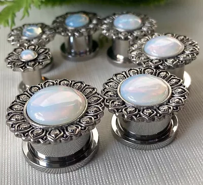 PAIR Flower W/ Opalite Center Steel Screw Fit Tunnels Gauges Plugs Body Jewelry • $16.95