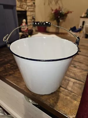 Vintage White W/Black Enamel Bucket Wood Handle Pail Farmhouse Rustic Primitive  • $49.99