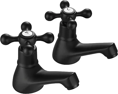 Basin Pillar Taps Pair Black Mixers Victorian Twin Bathroom Lever Two Holes • £33.99