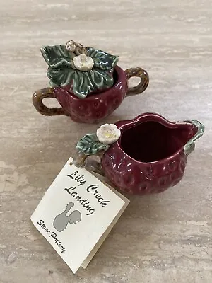 $34 • Buy Strawberry Pottery Creamer Sugar Bowl/Lid Vintage Unique Lilly Creek Stone