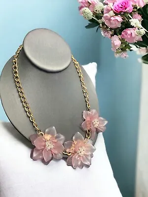 Vintage Pink Flower Bracelet B Statement Necklace 18” Clear Crystal Accents • $20