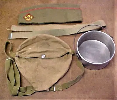 Vintage Boy Scout Equipment - Hat - Mess Kit Cover - Cooking Pan - Belt • $9.50