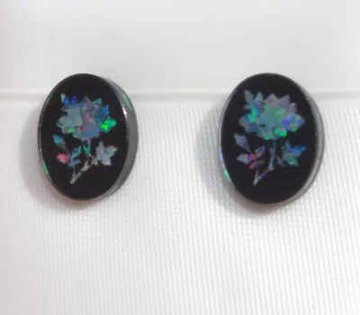 14K Vintage Rare Inlayed Fire Australian Opal Carved Rose Oval Stud Earrings • $93.75