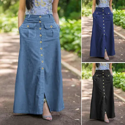 ZANZEA Womens Winter Denim Jeans Look Long Skirts High Split Skirt Maxi  • £15