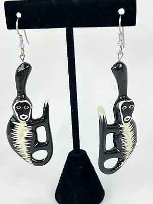 Vintage Hand Crafted Painted Wood Monkey Dangle Pierced Earrings Black White • $11.95