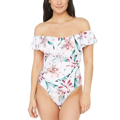 La Blanca Orchid Print Off-the-Shoulder Ruffled One-Piece Swimsuit White Size 10 • $27.95