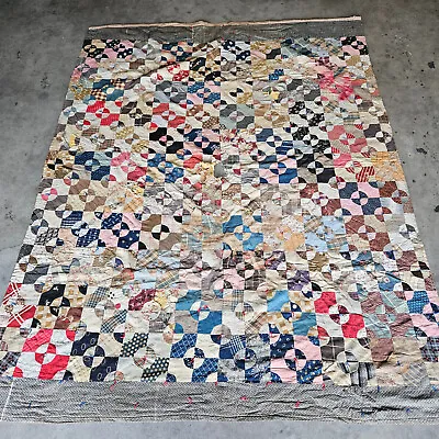 Vintage Antique Victorian Tie Yarn Square Circle Crazy Patch Quilt Hand Stitched • $119.99