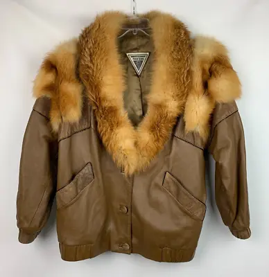 J. Percy For Marvin Richards Jacket Brown Leather/Red Fox Fur Trim Pockets L/XL • $169.95