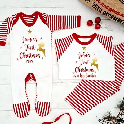 Kids Personalised 1st Christmas Matching Sibling Babygrow | PJ Set Red Stripe • £13.99