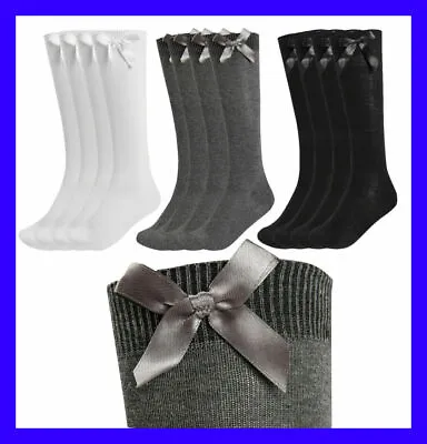 £8.99 • Buy 6 Pairs Girls Knee High School Socks With Bow Cotton Bow Black Navy Grey White