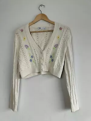 Zara Cropped Chunky Cable Knit Floral Flower Button Cardigan - Women's Small • £24.95