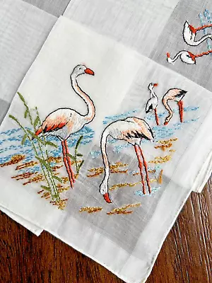 Vintage Handkerchief Hankie NWT Embroidered Pink Flamingos Bloch Freres 4 Corner • $19