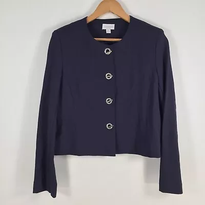 Queenspark Womens Blazer Jacket Size 8 Navy Blue Long Sleeve Solid 019323 • $19.77