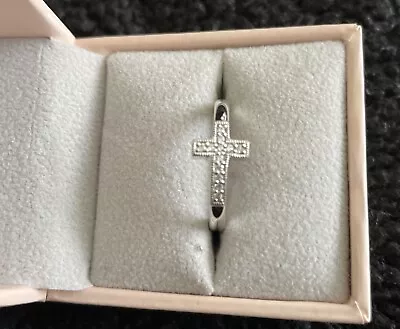 Sideways Cross Ring By Diamonique.  NEW 925 Silver And Cubic Zirconia Size P • £10