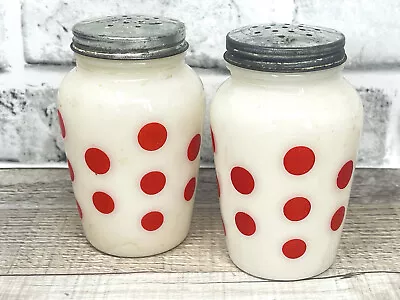 Vintage Fire King Anchor Hocking Milk Glass Red Polka Dot Salt & Pepper Shakers • $41