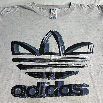 Vintage 90s Adidas Trefoil Spell Out Gray T-Shirt Colorful Distressed Logo Art • $24.99