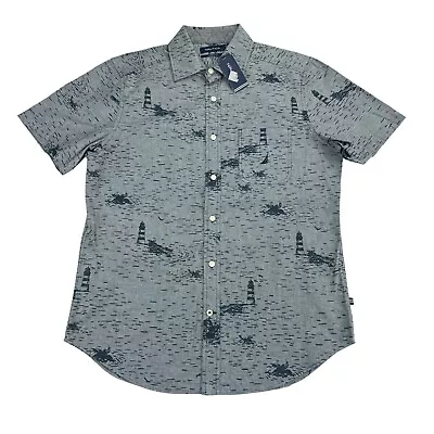 Nautica Mens Classic Fit Lighthouse Print Chambray Button Down Shirt Blue Gray S • $29.97
