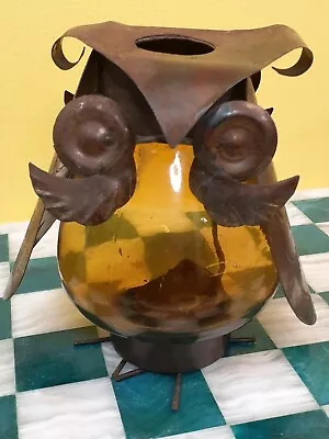 Enesco Owl Lantern Vintage Metal And Amber Glass 5.5  Inch Votive Candle Holder • $29.95