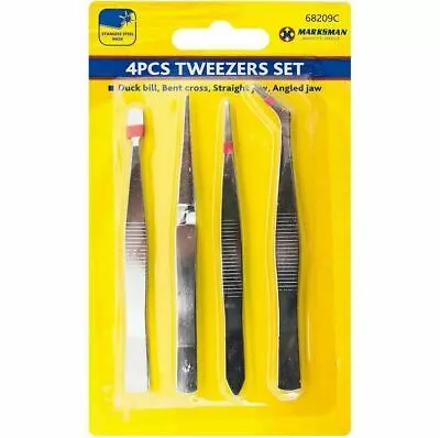 Stainless Steel Inox 4pc Tweezer Set -Duckbill Bent CrossStraight Angled Jaw • £2.99