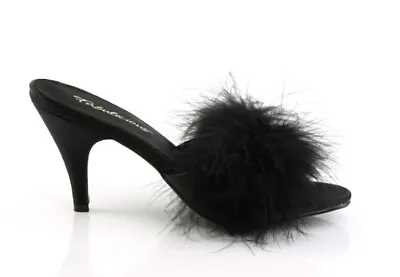 Pleaser USA Amour-03 Black PU Marabou Fur Slipper Heel Uk Size 5 Kinky Fetish • £50