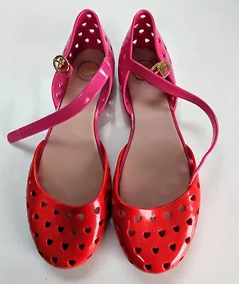 Melissa Shoes Size 40 Pink And Red Heart Cut Out Dolly Ballet Slippers Unique • £10