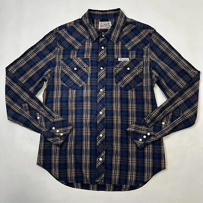 True Religion Men's Blue Western Pearl Snap Long Sleeve Cowboy Shirt Plaid Large • $26.99