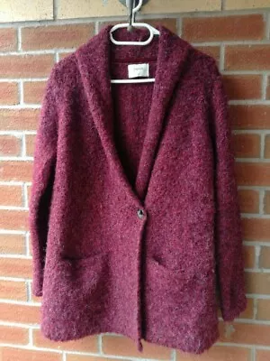 Burgundy Long Cardigan Jacket Size M ( 12 - 14 ) Collared Two Front Pockets • £8