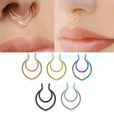 $4.99 • Buy 1pc Septum Fake Nose Ring Hoop Double Layers Plain Clip On Septum Non-Piercing