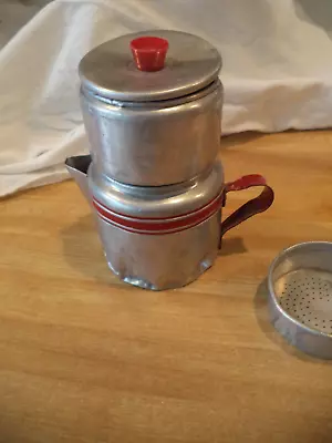 Vintage RED HANDLE STRIPES Aluminum Coffee Pot 2 Strainers Cover Childs Children • $18