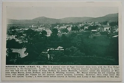 $7 • Buy Birdseye View  Luray Va SPH #ab Virginia Postcard 1920's