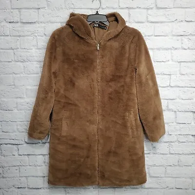 Zara Womens Coat Faux Fur Medium Brown Hooded Full Zip Lined Pockets Knee Length • $49.95