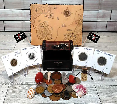 Treasure Chest Kit Real US & World Coins + Silver Map Crystal Shells & More Gift • $69.95