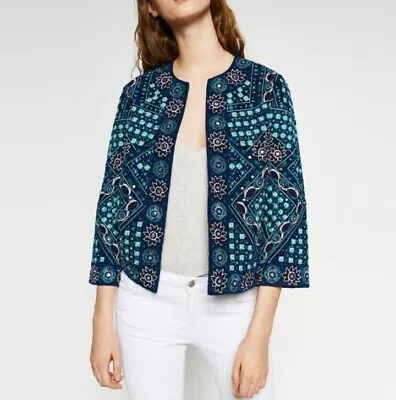 ZARA TRF Embroidered Mirror Jacket Bohemian Hand Made BEADED BLAZER Size: M NWT • $149.99