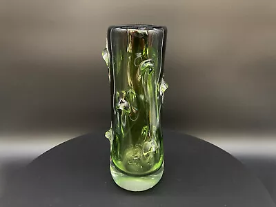 20s Art Deco Designer Vase Green/Clear Foot Mouth Blown Solid Glass Vase • £51.15