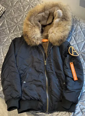 Black Arctic Army Bomber  Jacket With Fur Hood. Size Large • £300