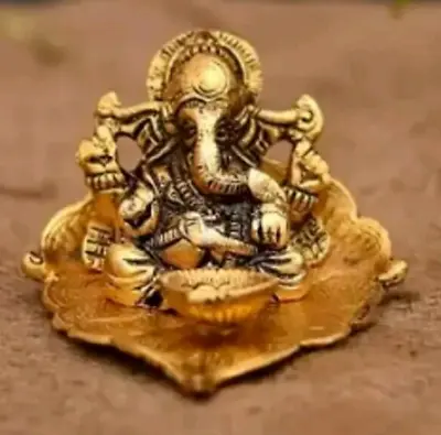 Ganesh On Leaf - Ganesh With Diya - Lord Ganesh Metal Oil Lamp • $19.95