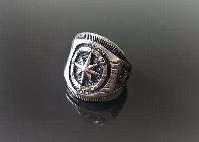 Compass Ring 925 STERLING SILVER Nautical Sun Dial Compass Wheel & Anchor North/ • $39.99
