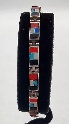 Vintage Zuni Handmade Inlay Multi Stone Sterling Silver Link Bracelet • $99