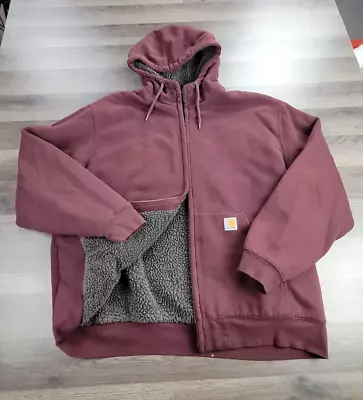 Carhartt Sherpa Lined Hooded Jacket Size XXL Maroon Full Zip Heavyweight Coat • $39.95