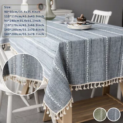 UK Rectangle Cotton Linen Tablecloth Striped Tassel Table Cloth Home Dust Cover • £8.55