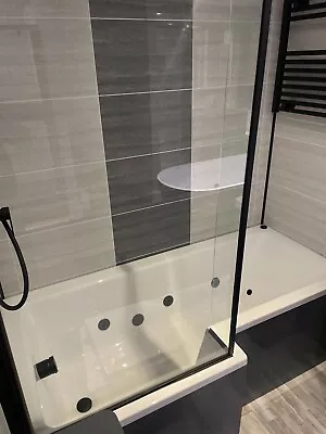 Black Whirlpool 8 Jet L Shape Shower Bath 1700mm With Black Bath Screen • £915