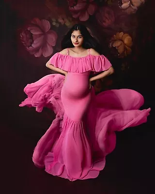 Maternity Dress Ruffles Gown Photo Prop Baby Shower Off Shoulder Pink XL • £28.95