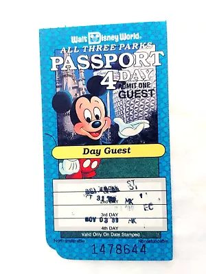 Walt Disney World 1989 All 3 Parks 4-Day Ticket Stub  #16863 • $19.25