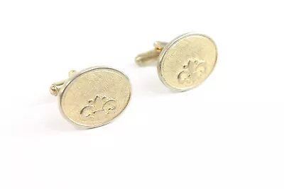 ✅ Vintage Pair Mens Cuff Links Oval Fleur De Lis Gold Plate Tone Jewelry Set 2 • $7.35