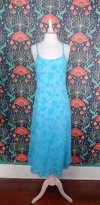 Vintage 90's Y2K Turquoise Whimsigoth Flocked Velvet Grunge Midi Slip Dress • $44.99