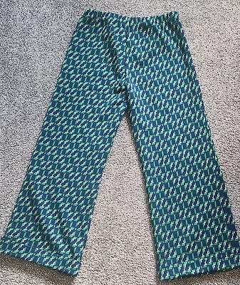 Vintage 60s 70s Wide Leg Boho Bellbottom Palazzo Checked Pants Blue Green • $9.99