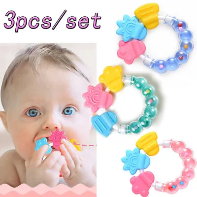 3pcs Baby Teether Teething Ring BPA Free Toddler Chew Toy Shake Bell XMAS Gift • £4.29